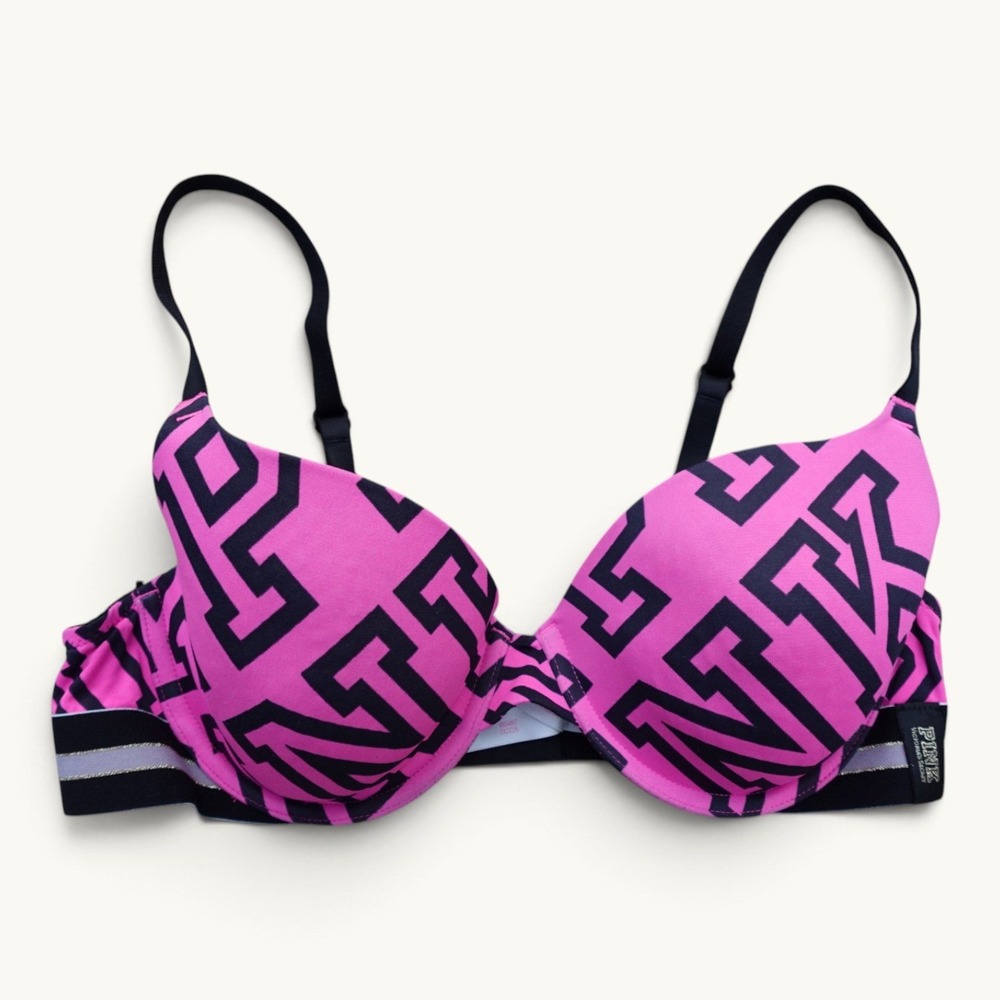 Victoria's Secret PINK Wear Everywhere Logo T-Shirt Bra 36C Hot Pink Black